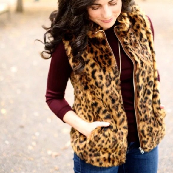 J CREW Sz XS FAUX FUR LEOPARD PRINT FULL ZIP VEST - Picture 4 of 10